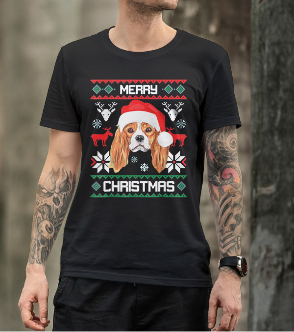 Merry Christmas Cavalier King Charles Spaniel Ugly Sweater Santa Hat T-Shirt