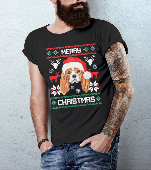 Merry Christmas Cavalier King Charles Spaniel Ugly Sweater Santa Hat T-Shirt