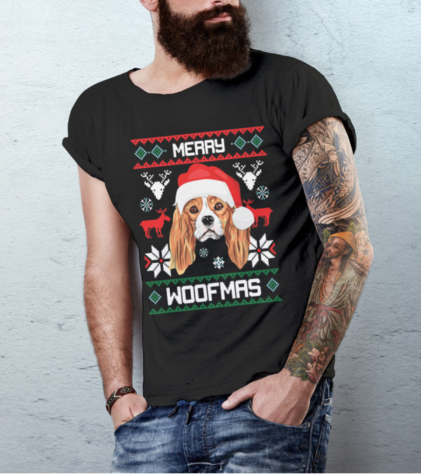 Merry Woofmas Cavalier King Charles Spaniel Santa Hat Reindeer Snowflakes Christmas Sweats T-Shirt