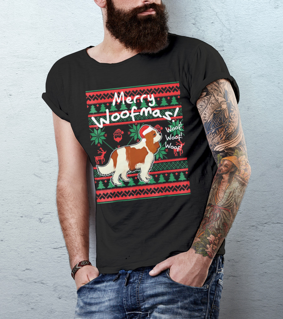 Merry Woofmas Cavalier King Charles Spaniel Festive Santa Hat Woof Woof Holiday T-Shirt