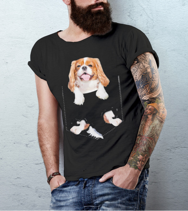 Cavalier King Charles Spaniel Puppy In Faux Pocket T-Shirt