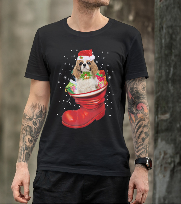 Cavalier King Christmas Dog In Festive Boot With Gifts T-Shirt