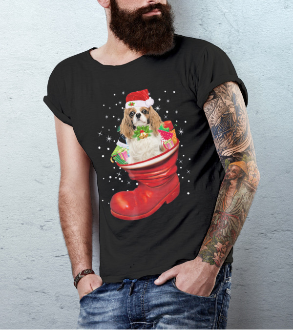 Cavalier King Christmas Dog In Festive Boot With Gifts T-Shirt
