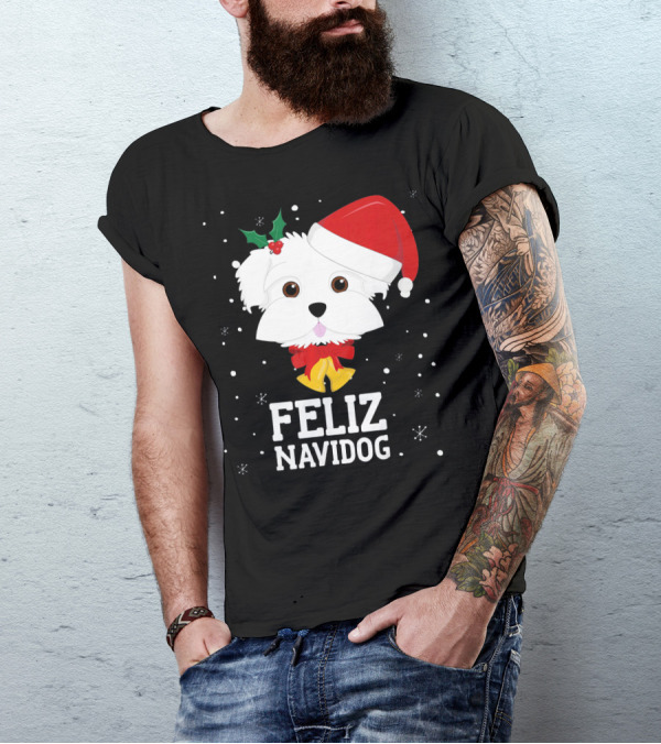 Feliz Navidog Christmas Maltese Dog With Santa Hat And Holly T-Shirt