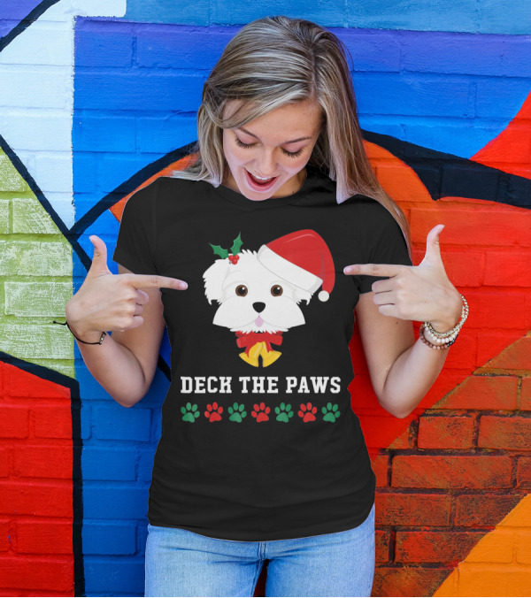 Deck The Paws Christmas Dog Maltese Santa Hat Paw Prints T-Shirt