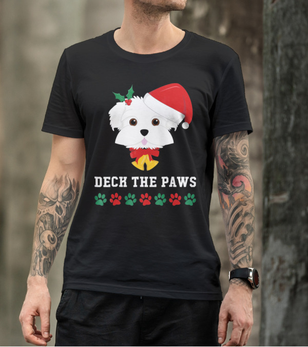 Deck The Paws Christmas Dog Maltese Santa Hat Paw Prints T-Shirt