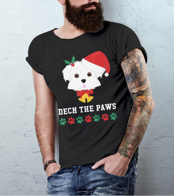 Deck The Paws Christmas Dog Maltese Santa Hat Paw Prints T-Shirt