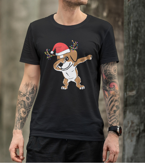 Christmas Jack Russell Terrier With Santa Hat And Reindeer Antlers Dabbing Dab T-Shirt