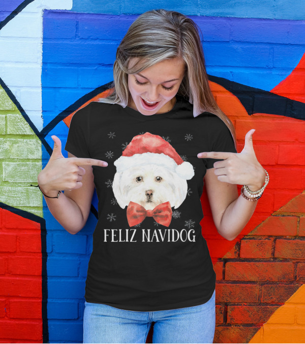 Feliz Navidog Christmas Dog Maltese Santa Hat Red Bow Snowflakes T-Shirt
