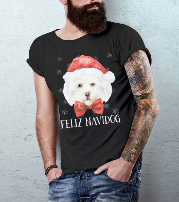 Feliz Navidog Christmas Dog Maltese Santa Hat Red Bow Snowflakes T-Shirt