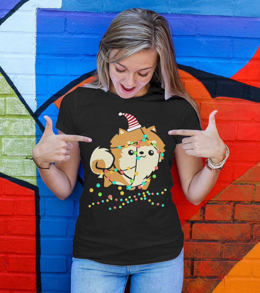 Christmas Lights Pomeranian Santa Hat T-Shirt