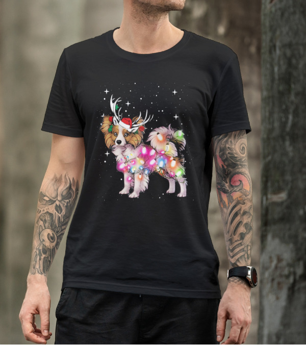 Papillon With Christmas Lights And Santa Antlers T-Shirt