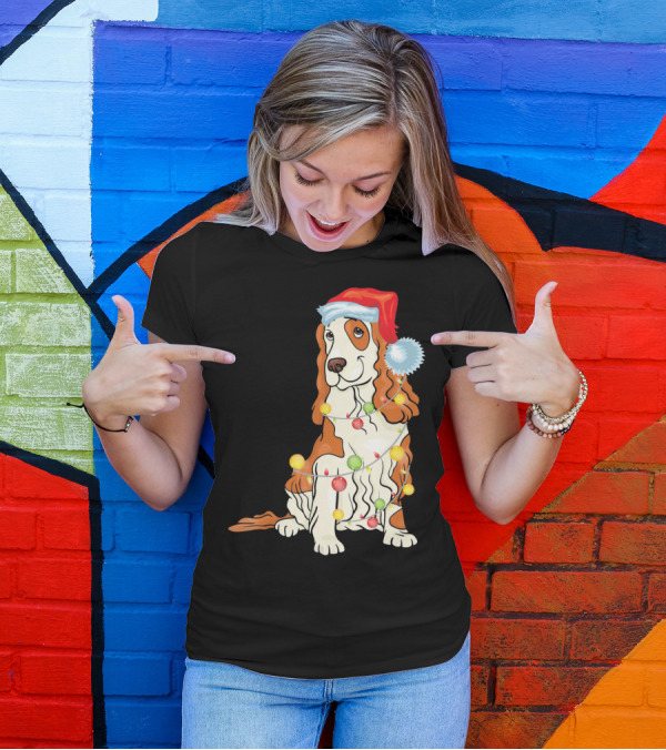 Cocker Spaniel Wearing Santa Hat With Colorful Christmas Lights T-Shirt