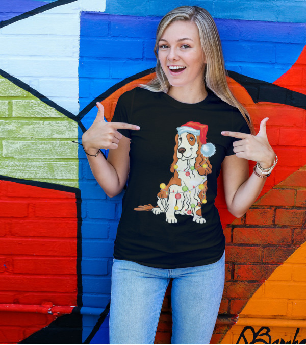 Cocker Spaniel Wearing Santa Hat With Colorful Christmas Lights T-Shirt