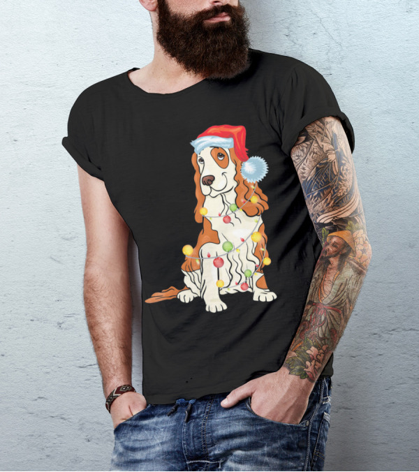 Cocker Spaniel Wearing Santa Hat With Colorful Christmas Lights T-Shirt