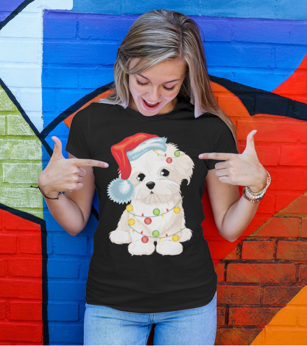 Santa Hat Maltese Dog Wrapped In Christmas Lights T-Shirt