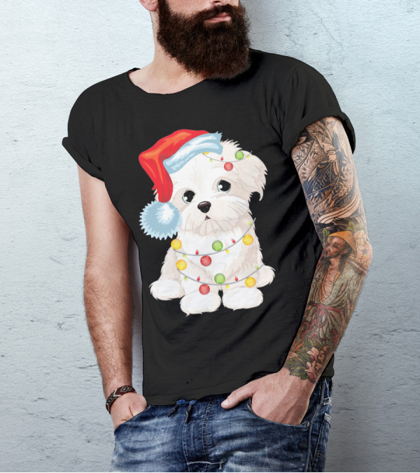 Santa Hat Maltese Dog Wrapped In Christmas Lights T-Shirt