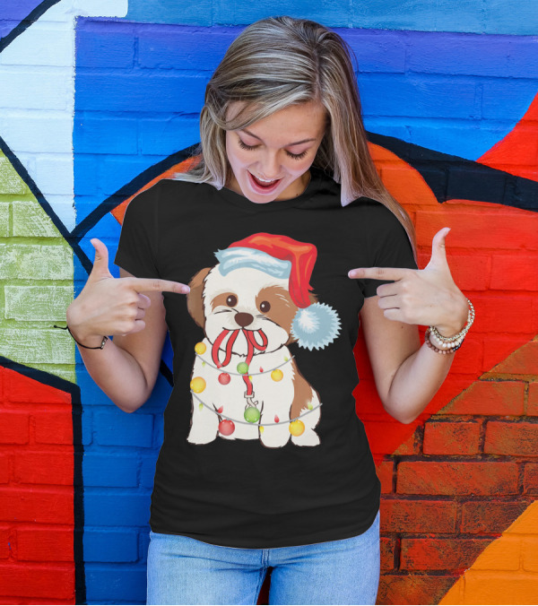 Christmas Lights Shih Tzu With Santa Hat And Festive Ornaments T-Shirt