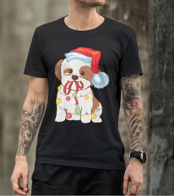 Christmas Lights Shih Tzu With Santa Hat And Festive Ornaments T-Shirt