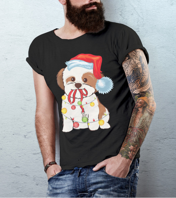 Christmas Lights Shih Tzu With Santa Hat And Festive Ornaments T-Shirt