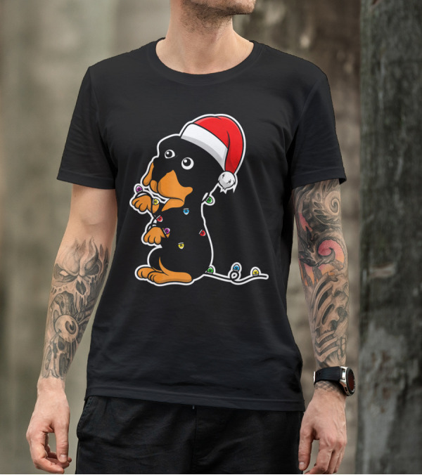 Christmas Rottweiler Puppy Santa Hat Lights T-Shirt