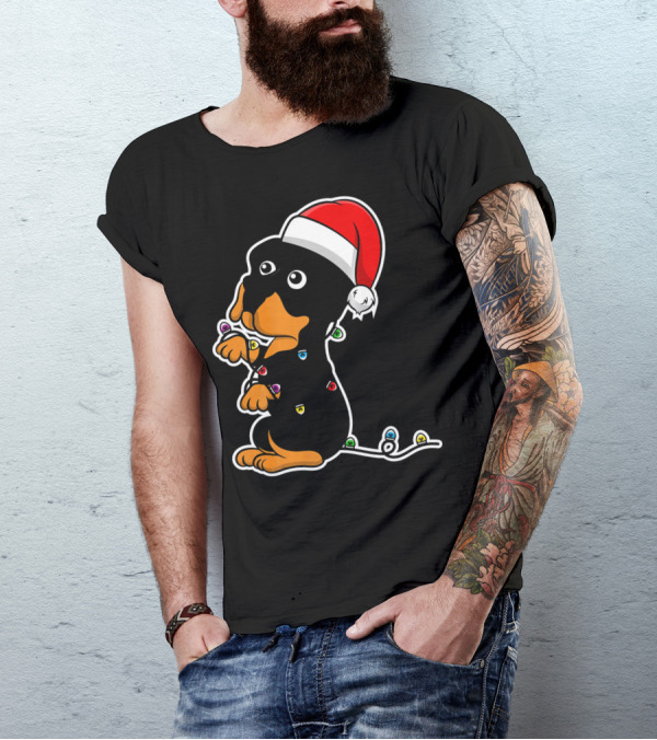 Christmas Rottweiler Puppy Santa Hat Lights T-Shirt