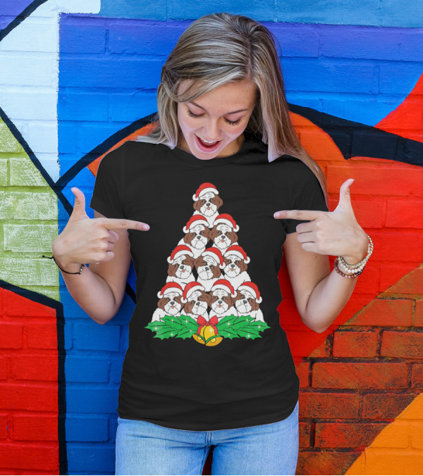 Christmas Shih Tzu Santa Hats Tree With Holly And Bells T-Shirt