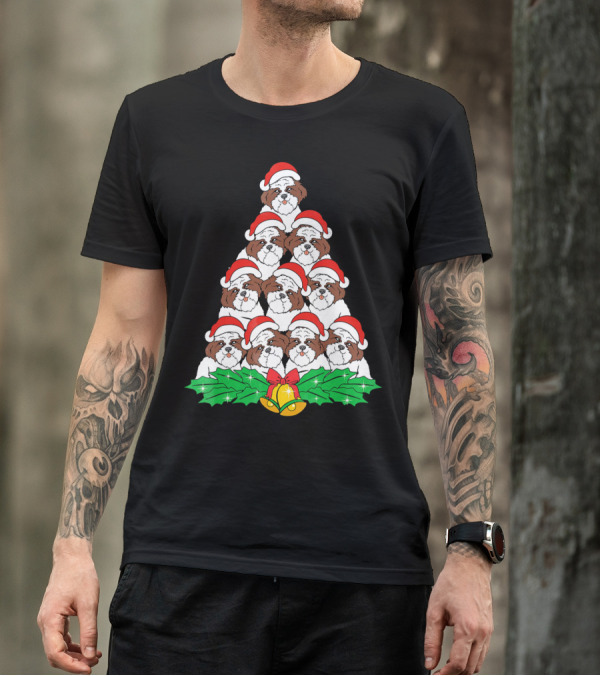 Christmas Shih Tzu Santa Hats Tree With Holly And Bells T-Shirt