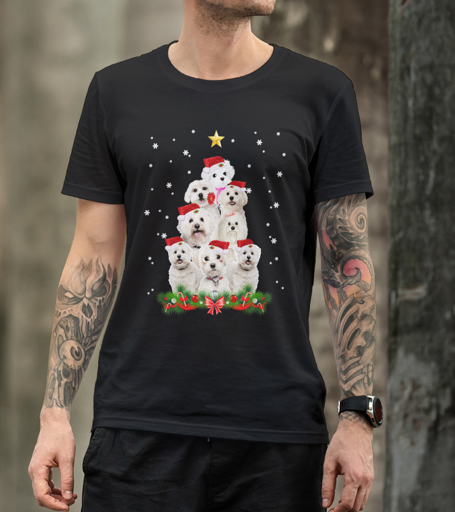 Maltese Dogs Christmas Tree With Santa Hats And Star T-Shirt