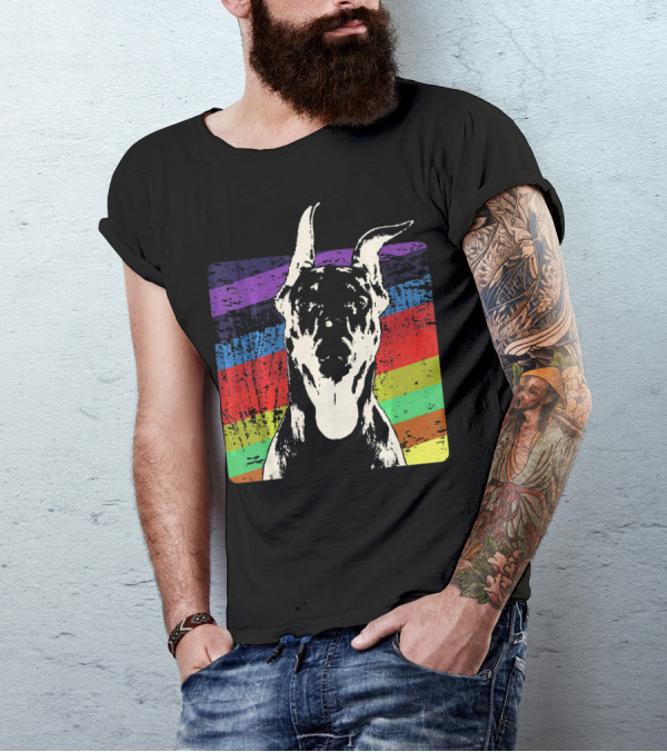 Classic Vintage Doberman Pinscher Rainbow Stripes Retro T-Shirt