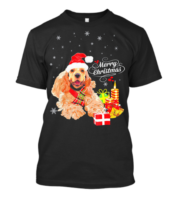 Cocker Spaniel Merry Christmas Santa Hat Presents Candles Snowflakes T-Shirt