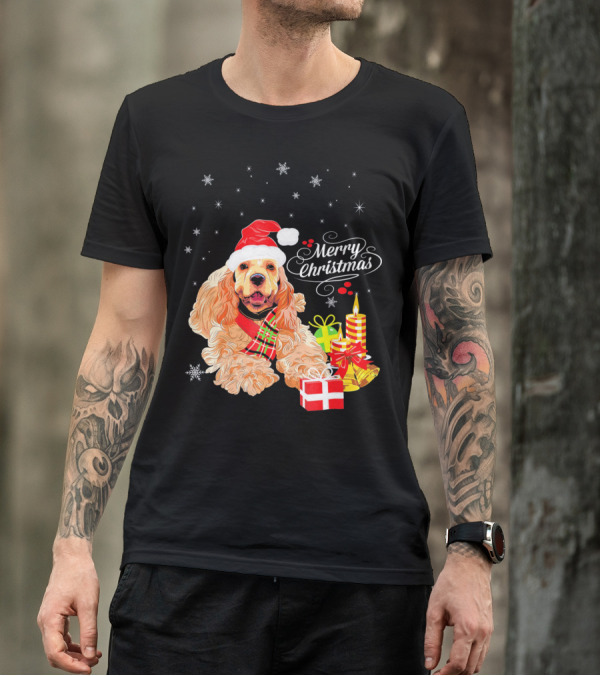 Cocker Spaniel Merry Christmas Santa Hat Presents Candles Snowflakes T-Shirt