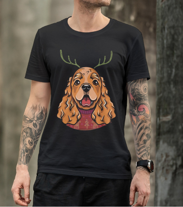 Cocker Spaniel Dog With Reindeer Antlers And Holiday T-Shirt