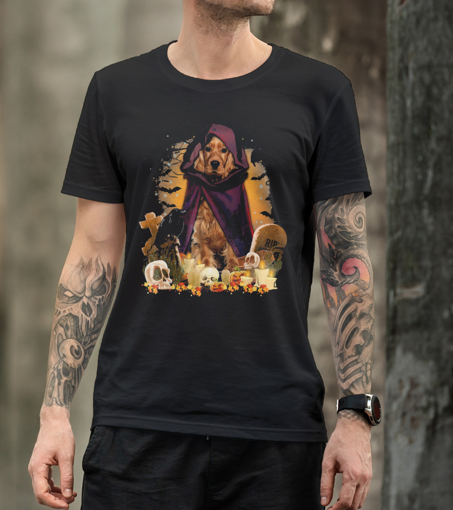 Cocker Spaniel Halloween Hooded Dog With Skulls And Tombstones T-Shirt