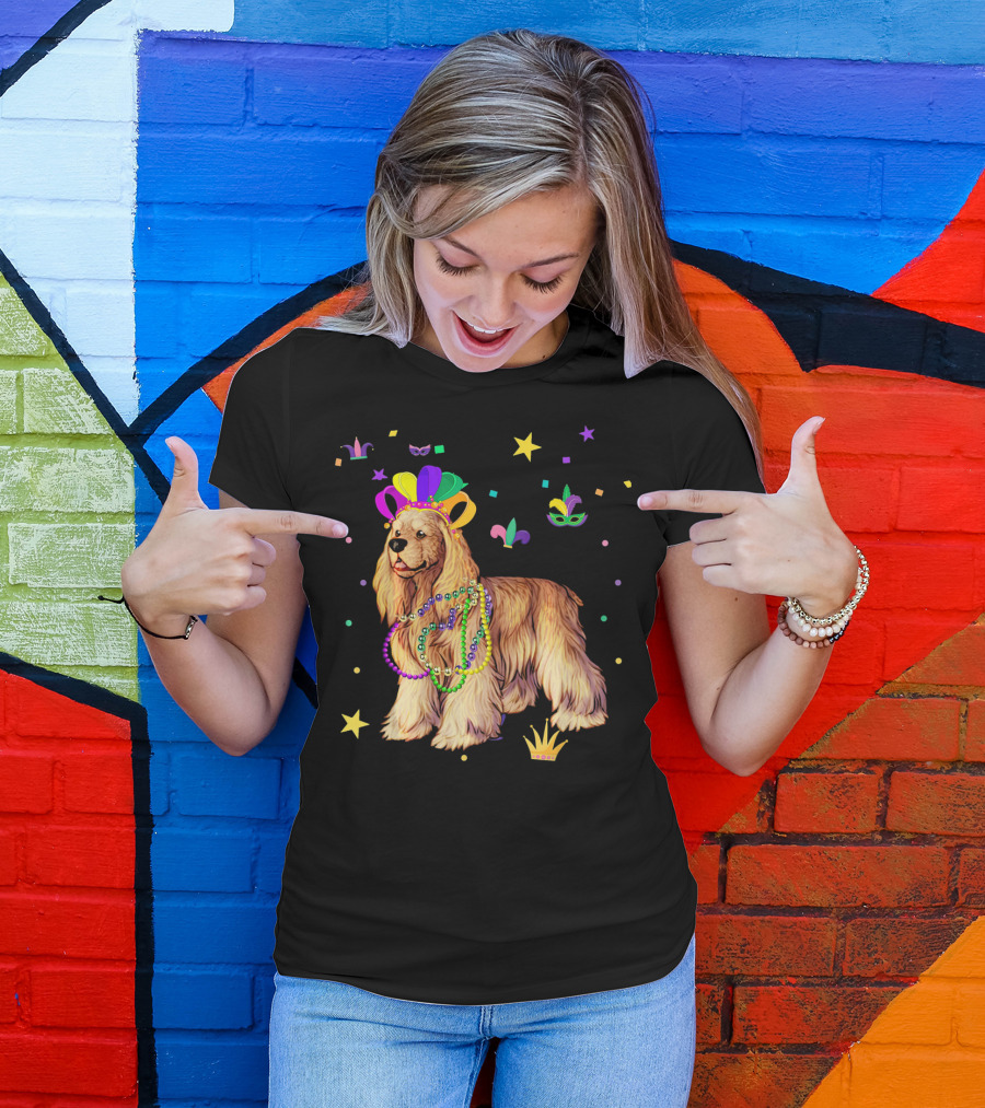 Cocker Spaniel Dog Mardi Gras Party Celebration Beads And Mask T-Shirt