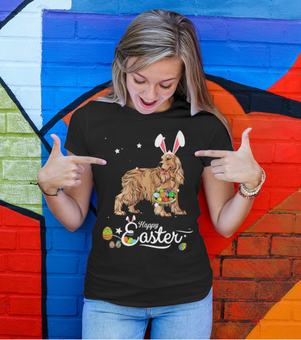 Cocker Spaniel With Bunny Hat Holding Easter Egg Basket Happy Easter T-Shirt