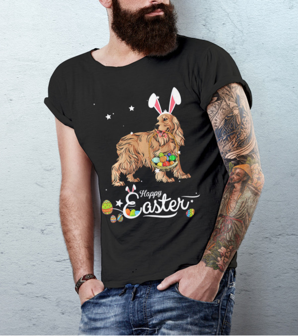 Cocker Spaniel With Bunny Hat Holding Easter Egg Basket Happy Easter T-Shirt