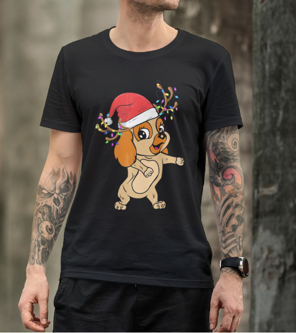 Cocker Spaniel Reindeer Christmas Funny Dog With Santa Hat And Festive Antlers T-Shirt