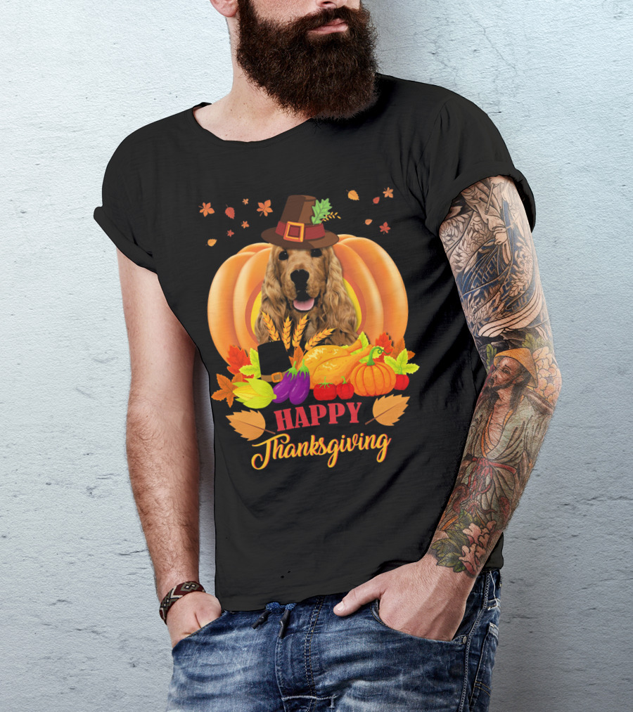 Happy Thanksgiving Cocker Spaniel With Pumpkins And Autumn Harvest T-Shirt