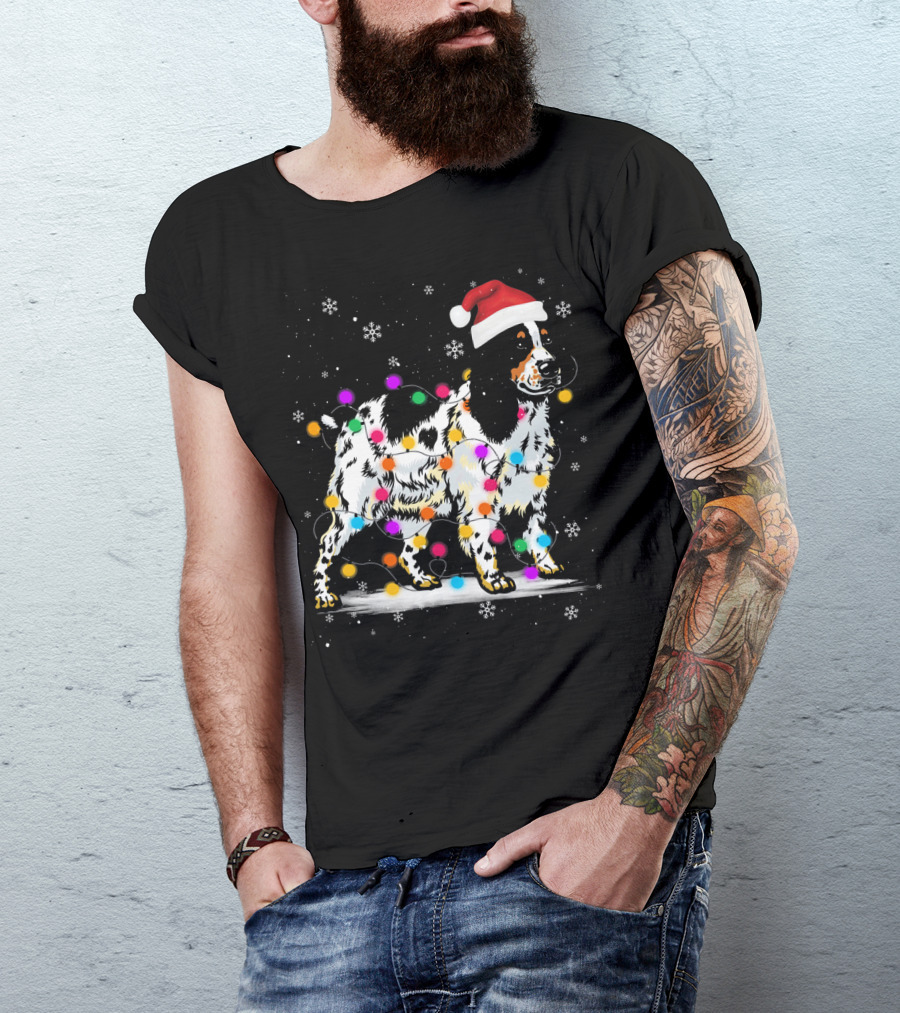 Cocker Spaniel Santa Hat Christmas Lights Snowflakes T-Shirt