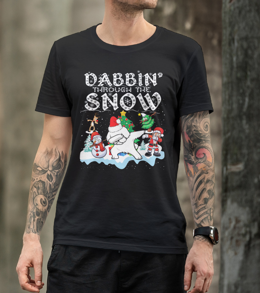 Dabbin Through The Snow Santa Maltese Dog Snowman Christmas Tree T-Shirt