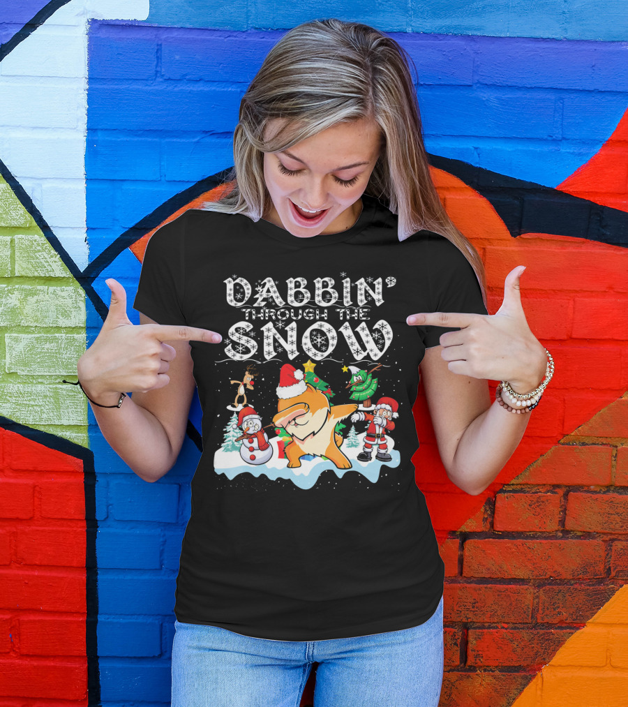 Dabbin Through The Snow Pomeranian Dog With Santa Snowman And Reindeer T-Shirt