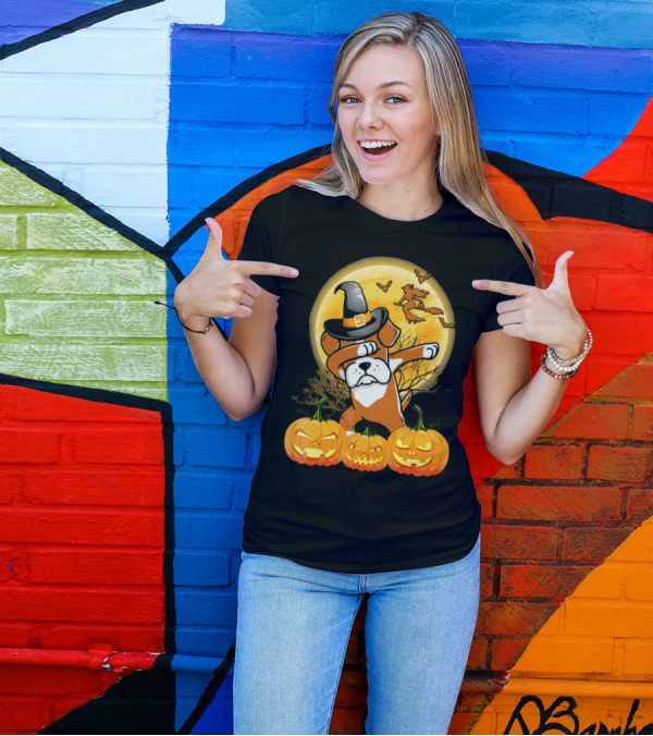 Halloween Dabbing Boxer Dog Witch Hat Pumpkins Bats Moon T-Shirt
