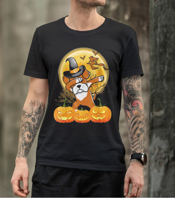 Halloween Dabbing Boxer Dog Witch Hat Pumpkins Bats Moon T-Shirt