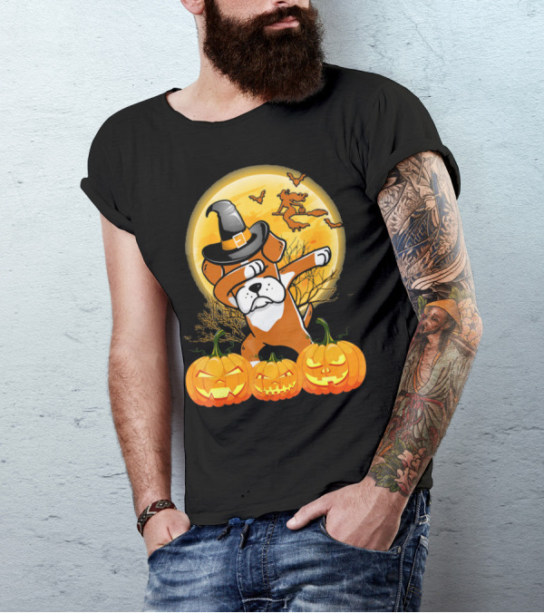 Halloween Dabbing Boxer Dog Witch Hat Pumpkins Bats Moon T-Shirt