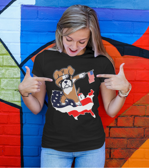 Dabbing Boxer Dog With American Flag Map Background T-Shirt