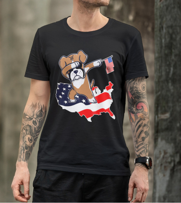 Dabbing Boxer Dog With American Flag Map Background T-Shirt