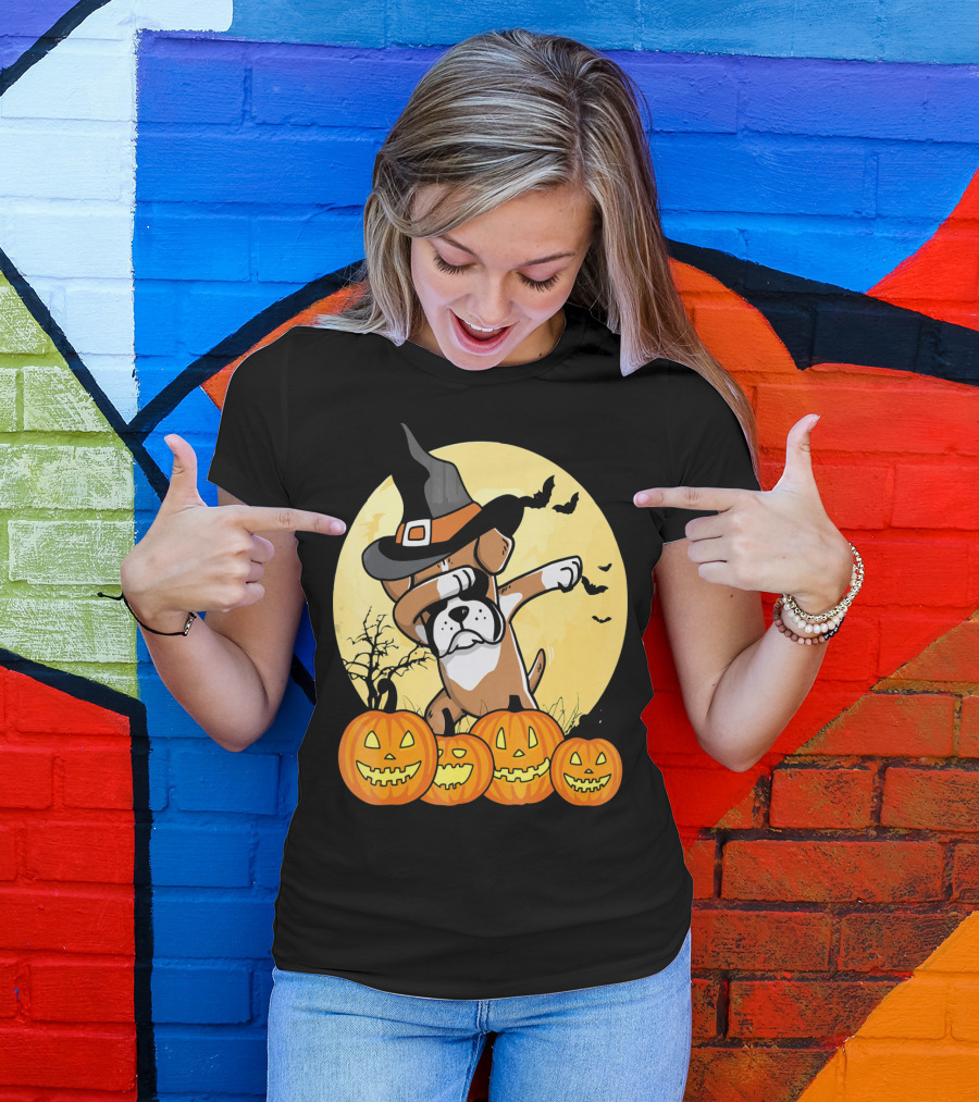 Dabbing Boxer Dog Witch Hat Pumpkin Halloween Dab Dance T-Shirt