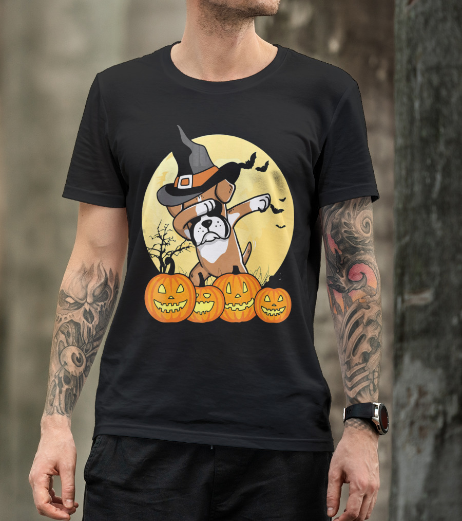 Dabbing Boxer Dog Witch Hat Pumpkin Halloween Dab Dance T-Shirt