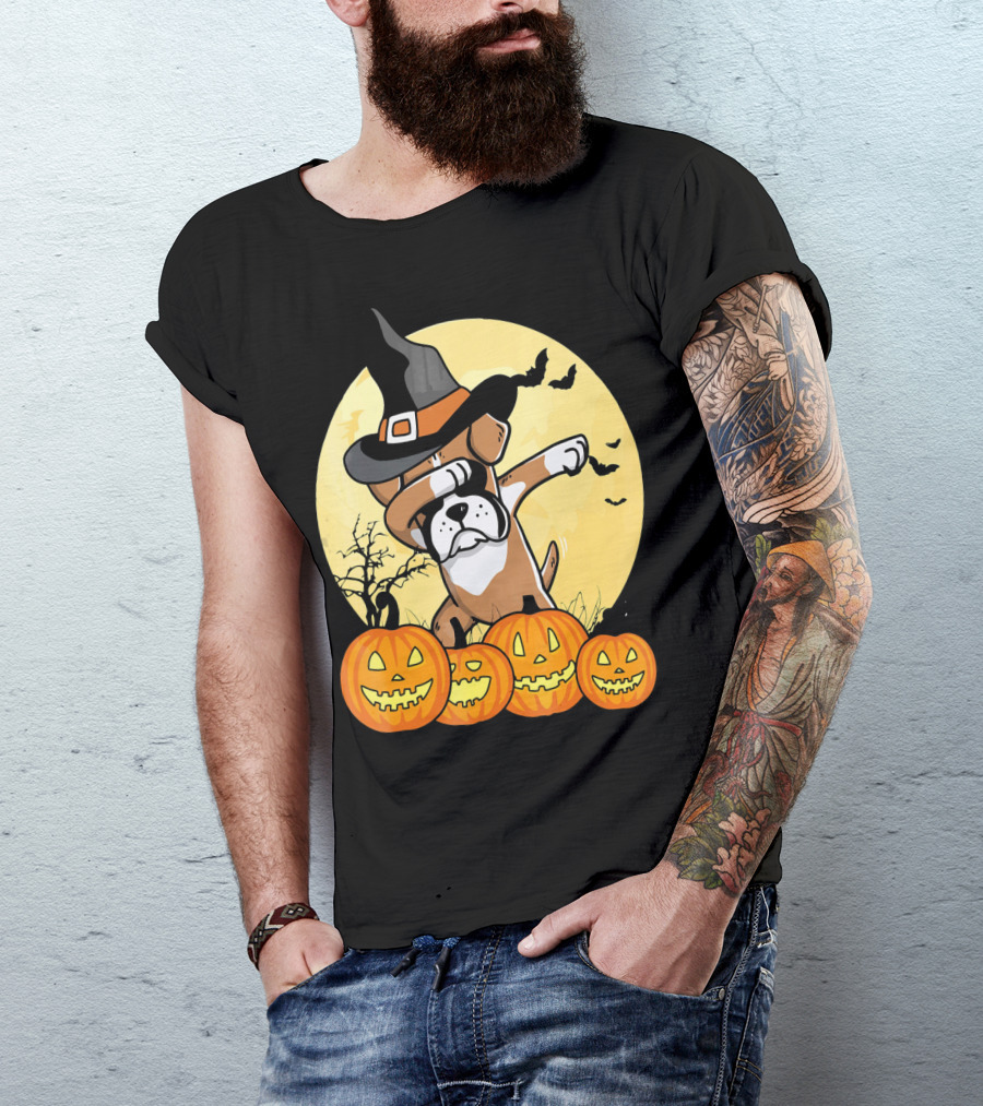 Dabbing Boxer Dog Witch Hat Pumpkin Halloween Dab Dance T-Shirt